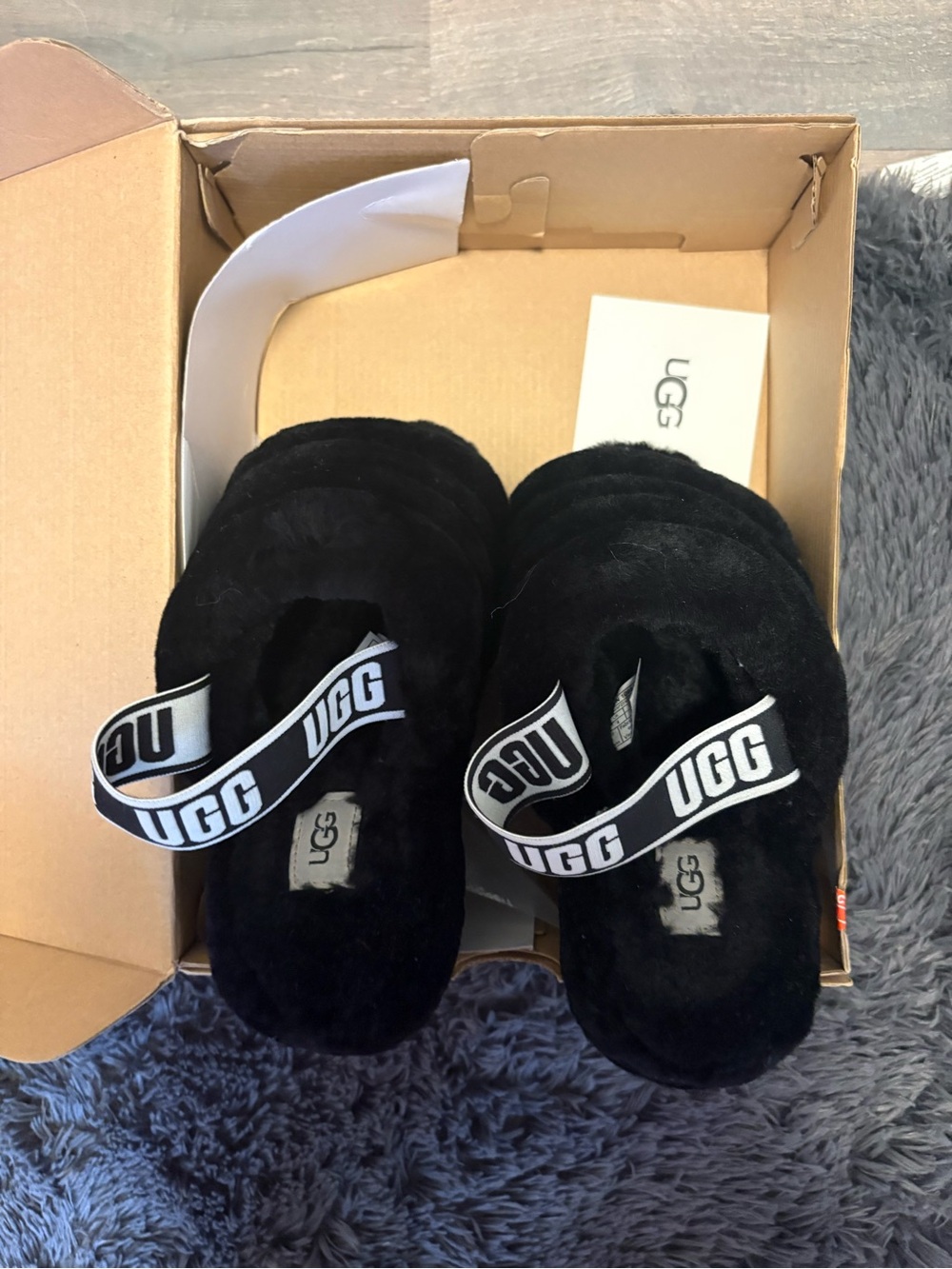 UGG Black Plush Slide Slippers with Branded Elastic Strap